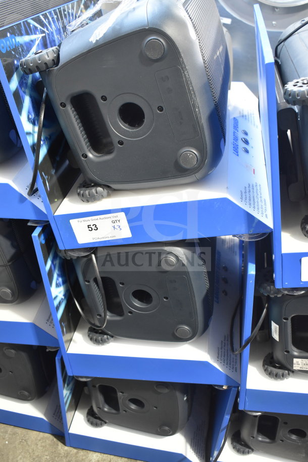 3 Onn Large Party Speakers in store display, new condition. Features wheels and handle for portability. Auction lot qty: x3.