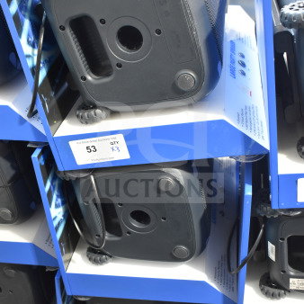 3 Onn Large Party Speakers in store display, new condition. Features wheels and handle for portability. Auction lot qty: x3.