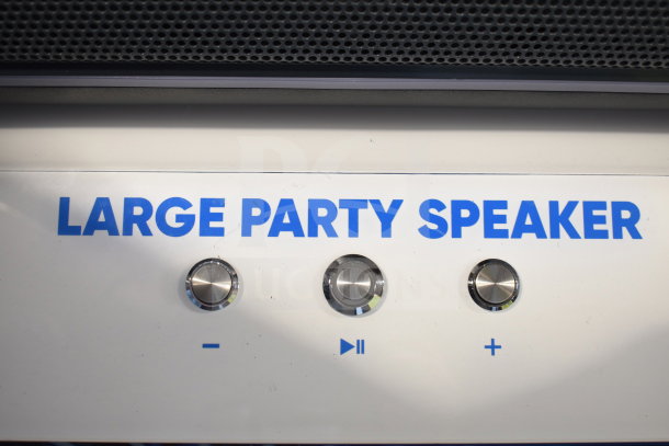Onn Large Party Speaker display; features volume and play controls. Text reads "Large Party Speaker."