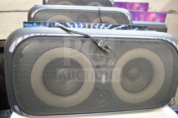 Onn large party speaker store display, featuring dual mesh-covered speakers, power cord, excellent condition.