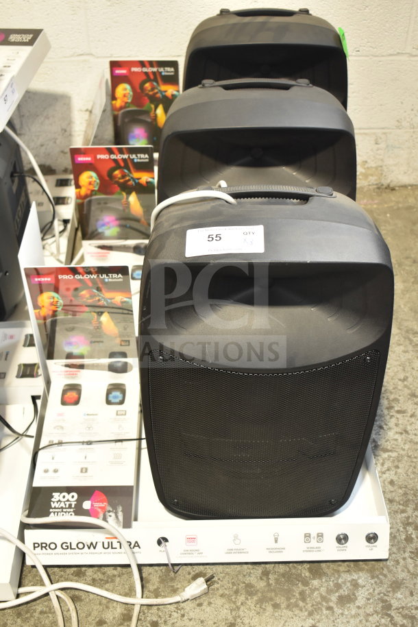 3 Ion Pro Glow Ultra speakers on display, excellent condition, 300-watt audio, features include Bluetooth and microphone input.