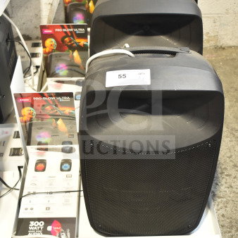 3 Ion Pro Glow Ultra speakers on display, excellent condition, 300-watt audio, features include Bluetooth and microphone input.