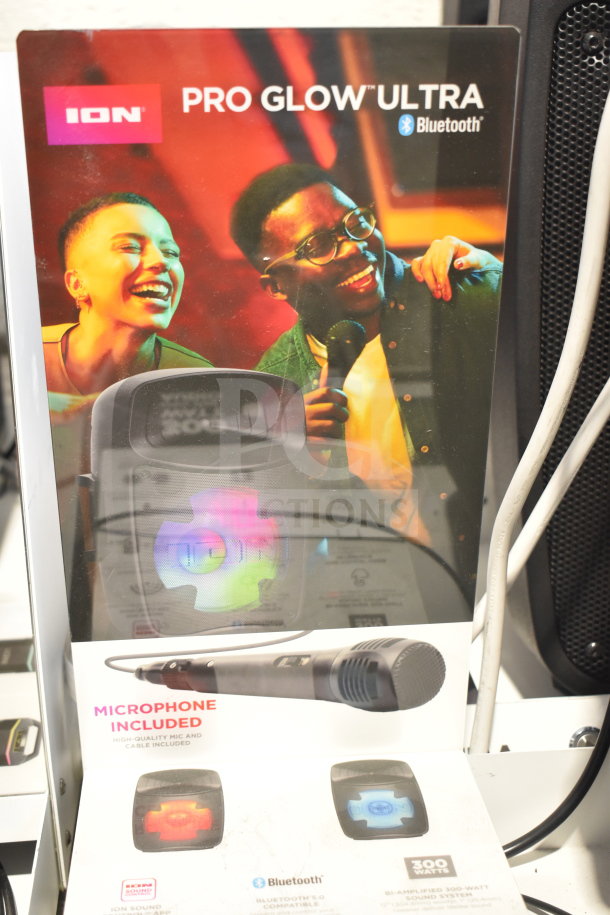 Ion Pro Glow Ultra speaker display, featuring Bluetooth capability, built-in lights, and included microphone.
