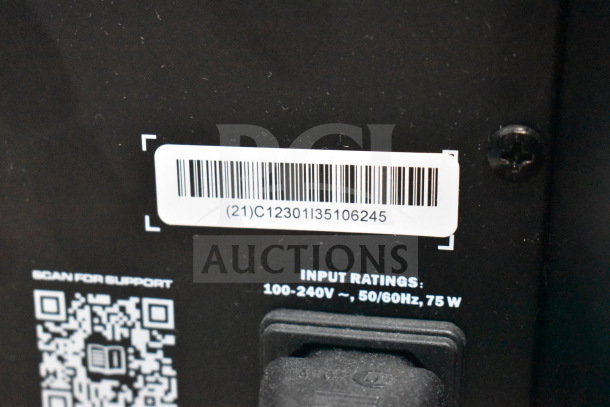 Barcode and QR code on Ion Pro Glow Ultra Speaker display unit, showing input ratings of 100-240V, 50/60Hz, 75W.