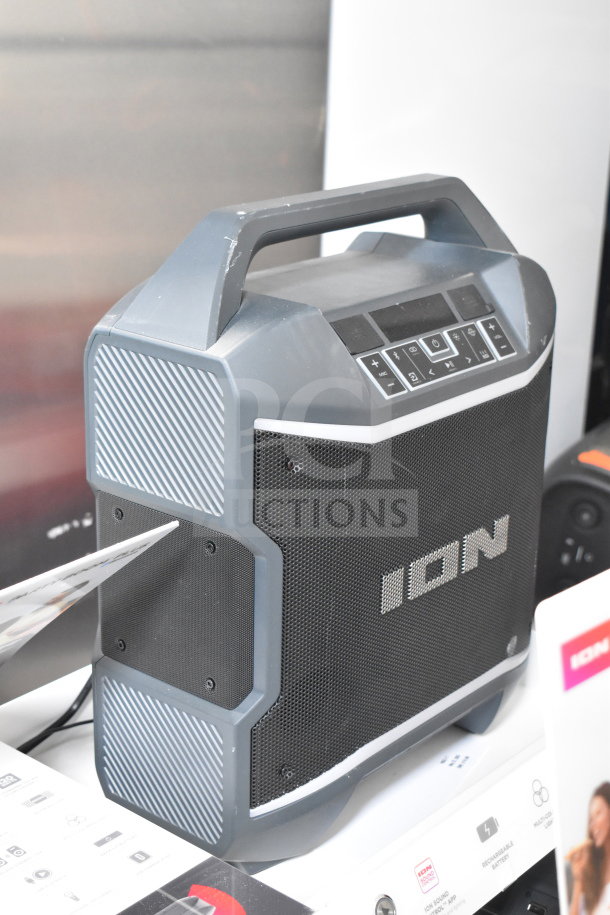 ION portable speaker display, featuring control panel on top and branded grill, in good condition.