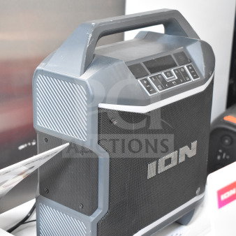 ION portable speaker display, featuring control panel on top and branded grill, in good condition.