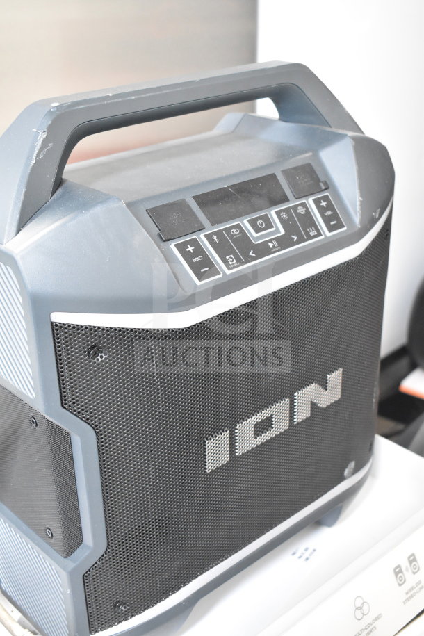 Ion portable speaker with control panel, store display condition. Visible logo and buttons, minor surface scratches.