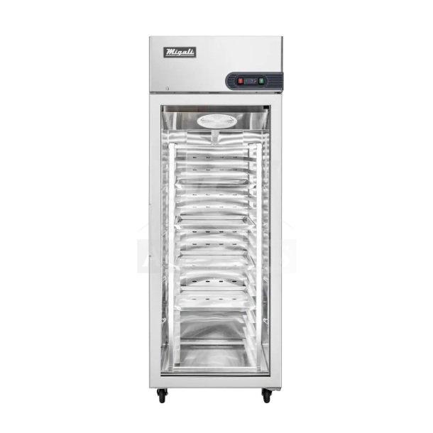 Migali LL-1RG-HC commercial single-door cooler merchandiser, brand new, scratch and dent, on casters, 115V, sleek design.