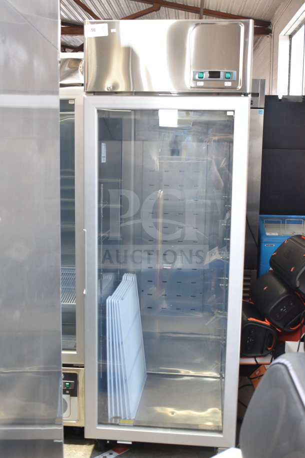 Brand new 2024 Migali LL-1RG-HC commercial cooler, single door, on casters, 115 volts, minor scratches, clear glass door.