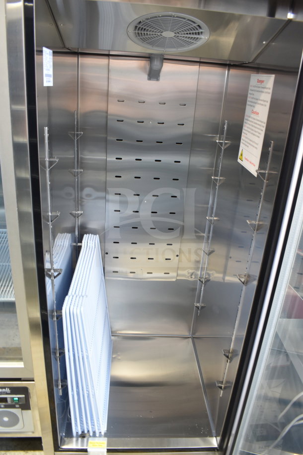 Migali LL-1RG-HC cooler, brand new, single door, stainless steel interior, commercial casters, 115V, 1 phase, shelves included.