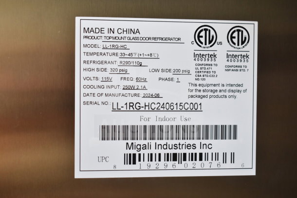 BRAND NEW 2024 Migali LL-1RG-HC Commercial Single Door Cooler on casters. 115V, 1 Phase. Model LL-1RG-HC.