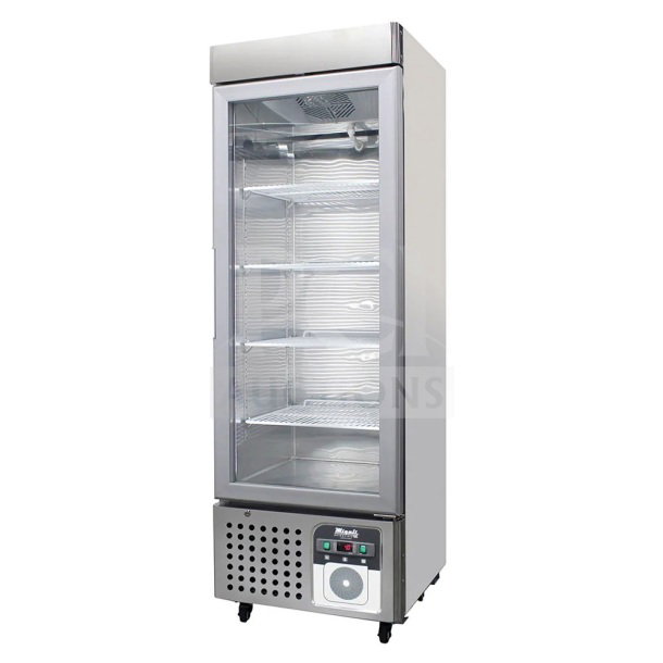Brand new 2024 Migali G-1MRG-HC commercial single door reach-in cooler merchandiser with visible controls, on casters.