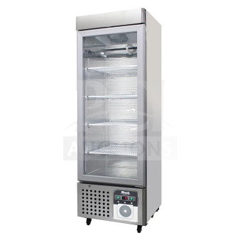 Brand new 2024 Migali G-1MRG-HC commercial single door reach-in cooler merchandiser with visible controls, on casters.