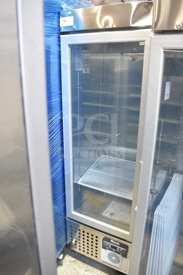 Brand new 2024 Migali G-1MRG-HC single door cooler merchandiser, commercial casters, 115V, 1 phase, scratch and dent.