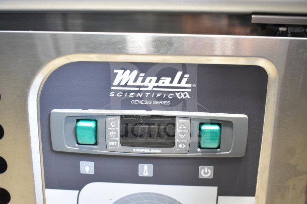 Migali G-1MRG-HC cooler control panel with digital display, green buttons, and "Migali Scientific Genesis Series" branding.