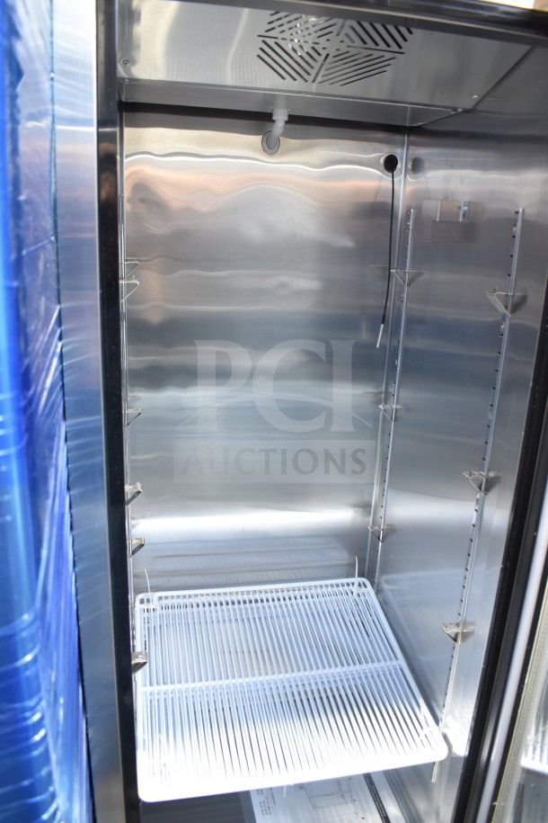 Brand new Migali G-1MRG-HC commercial single door cooler, 2024 model, on casters, 115V, 1 Phase, scratch and dent condition.