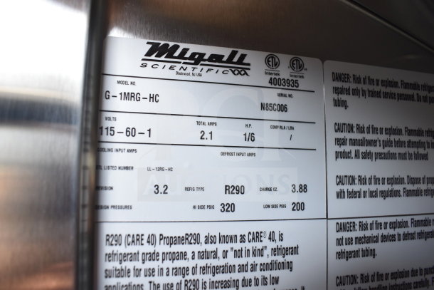Migali G-1MRG-HC cooler label, 115V, R290 refrigerant, 3.88 charge oz. ETL certified, serial N85C006.