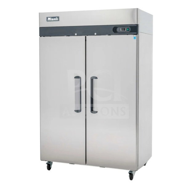 Migali LL-2R commercial cooler, scratch and dent, two-door, stainless steel, on casters, 115V, 1 phase.