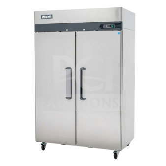 Migali LL-2R commercial cooler, scratch and dent, two-door, stainless steel, on casters, 115V, 1 phase.