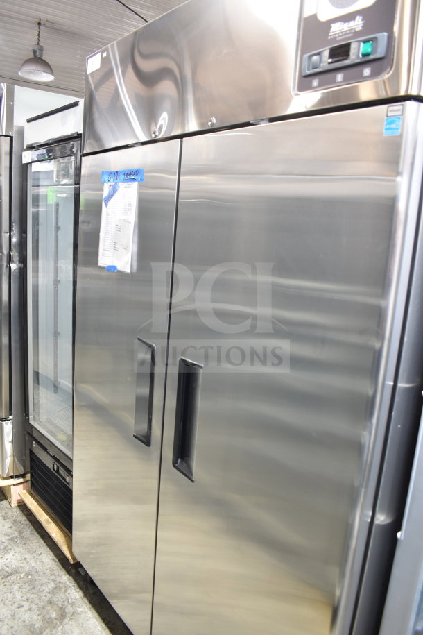 Brand new scratch and dent Migali LL-2R commercial 2-door cooler, on casters, 115V, 1 phase, stainless steel finish.