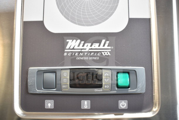 Alt text: Migali LL-2R cooler control panel with temperature display and buttons. "Migali Scientific Genesis Series" label visible.