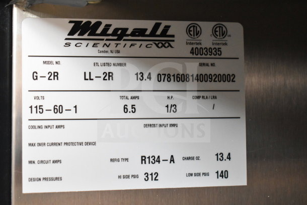 Migali LL-2R commercial 2-door cooler label. 115V, 1 phase, model LL-2R. Listed number 07816081400920002.