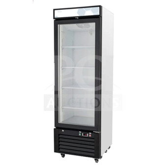 Migali C-12RG commercial cooler, 2016 model, two-door, scratch and dent condition, 115V, 1 phase, glass front, white and black exterior.