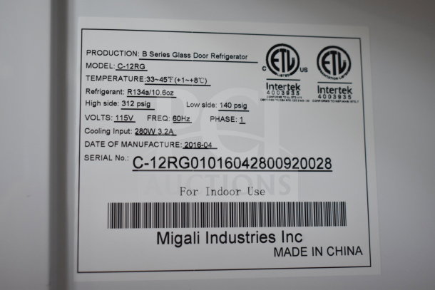 Label of Migali C-12RG Commercial 2 Door Reach In Cooler. Details: 115V, 60Hz, manufactured April 2016, made in China.