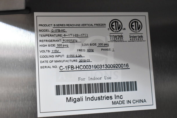 Migali C-1FB-HC commercial freezer label showing voltage, refrigerant info, and made in China. Model: C-1FB-HC, 115V.