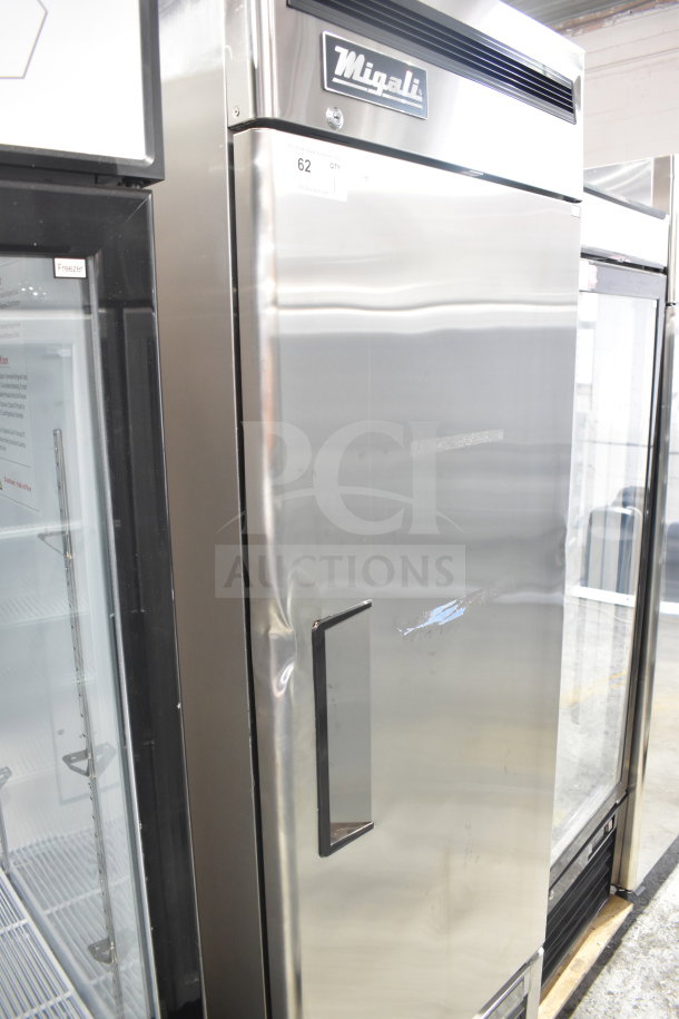 Migali C-1FB-HC commercial freezer, 2019 model, single door, 115V, steel finish, minor dent, brand new, reach-in design.