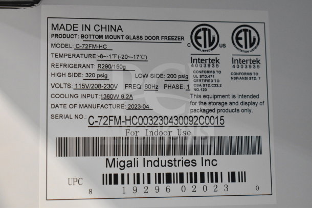 BRAND NEW Migali C-72FM-HC Commercial Freezer, 3-door, scratch and dent condition, 115V, on commercial casters, 2023 model.