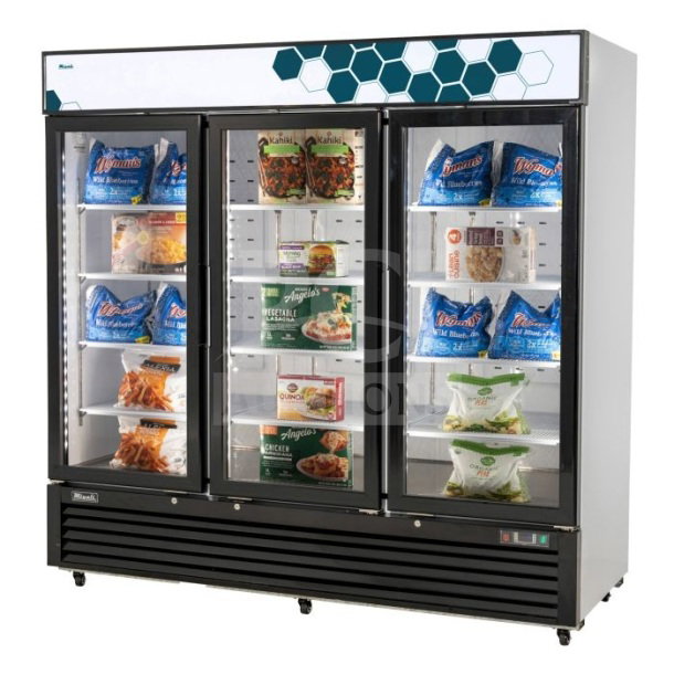 Brand new 2019 Migali C-72FM commercial 3-door reach-in freezer on casters, 115 volts, 1 phase, with visible scratch and dent.