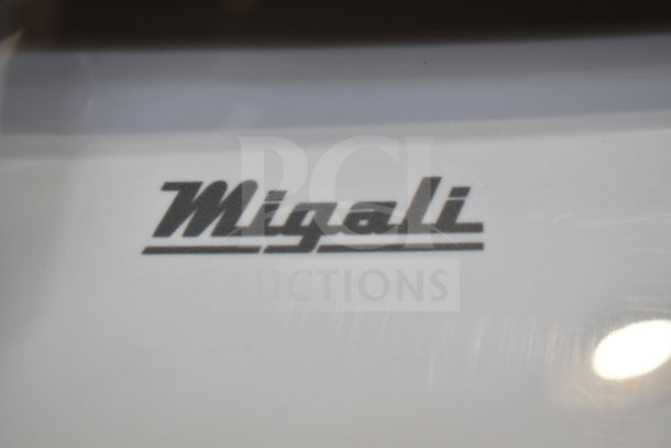 Migali C-72FM Commercial Freezer, brand new, 3 doors, on casters, 115V, 1 Phase, logo detail shown.