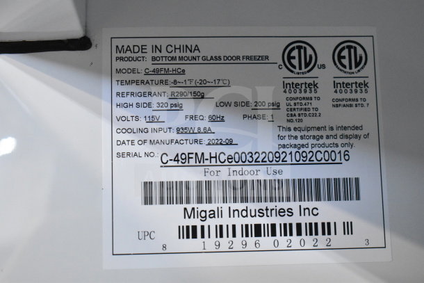 Migali C-49FM-HCe label showing model, voltage, and serial number details. 115V, 60Hz, R290 refrigerant, 2022 manufacture.