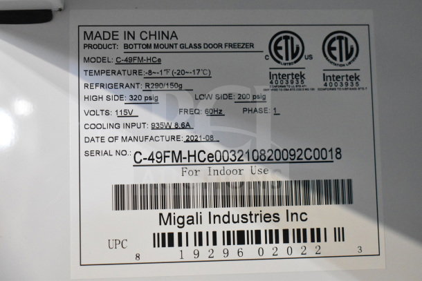 BRAND NEW 2021 Migali C-49FM-HCe, 3-door freezer merchandiser with casters. 115V, 1-phase. Serial: C-49FM-HCe003210820092C0018.