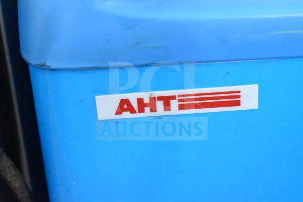 AHT Commercial Chest Freezer Merchandiser, blue, visible AHT logo, 115 volts, 1 phase, used condition.