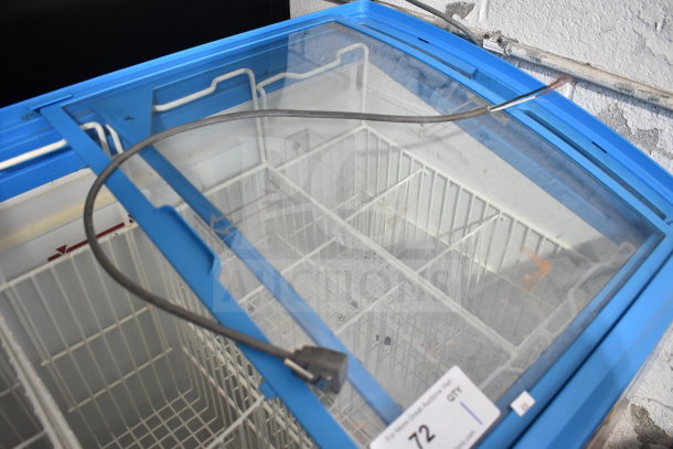 AHT Commercial Chest Freezer Merchandiser, blue trim, 115 volts, 1 phase, glass lid, visible power cord, good condition.