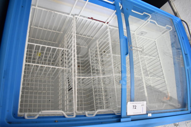AHT Commercial Chest Freezer Merchandiser, blue, 115 volts, 1 phase, sliding glass doors, wire baskets, some wear visible.