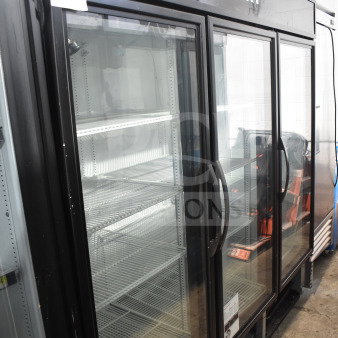 2019 True GDM-72-HC commercial 3-door reach-in cooler merchandiser, 115 volts, 1 phase, tested and working, labeled "Dairy."
