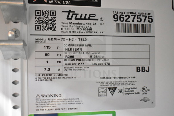 2019 True GDM-72-HC Commercial 3 Door Reach In Cooler, 115V, 1 Phase. Tested; Label shows model, voltage, refrigerant details.