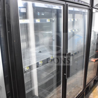 True GDM-49F Commercial 2 Door Reach In Freezer Merchandiser, tested and working, with glass doors and metal shelving.