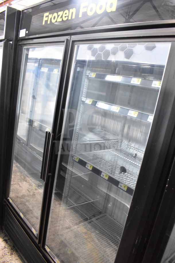 True GDM-49F Commercial 2 Door Freezer Merchandiser, black, shelves visible, tested, working, 115/208-230V, 1 phase.