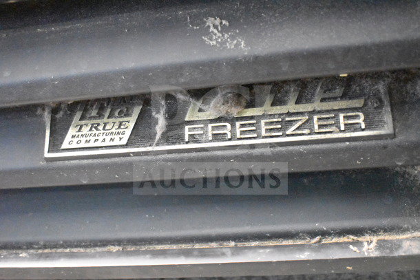 True GDM-49F Commercial Freezer label, showcasing brand. Tested and operational, 115/208-230V, 1 Phase. Dust present.