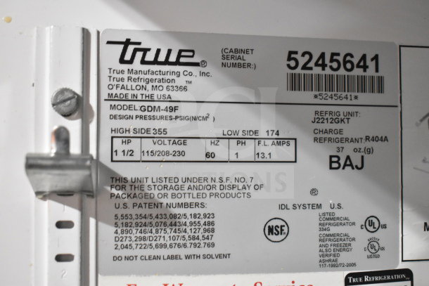 True GDM-49F Commercial Freezer tag showing model, voltage (115/208-230V), serial number (5245641), and NSF certification.