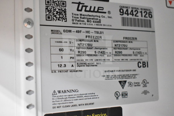 Label on the 2018 True GDM-49F-HC freezer, showing model, voltage (115/208-230V), phase (1), and refrigerant (R290).