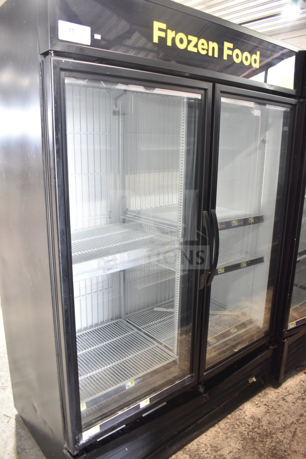 2018 True GDM-49F-HC Commercial 2 Door Reach In Freezer Merchandiser in black, tested and working.