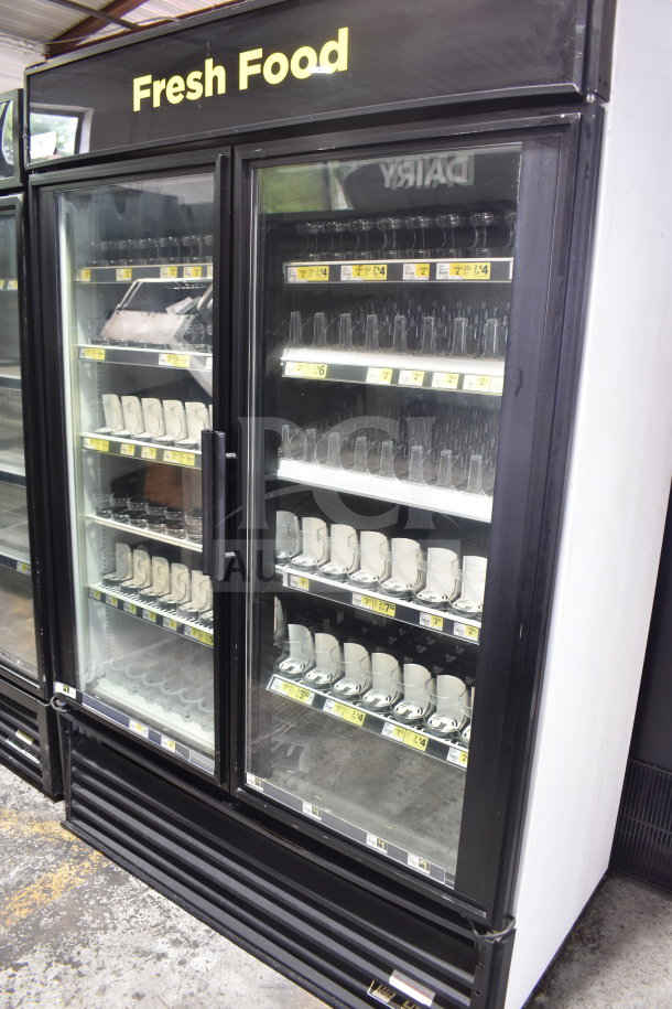 True GDM-49 commercial 2-door cooler merchandiser, "Fresh Food," shelves visible, tested and working, 115V, 1 phase.