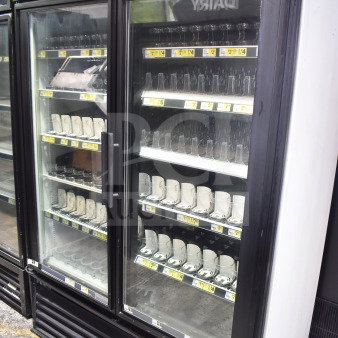 True GDM-49 commercial 2-door cooler merchandiser, "Fresh Food," shelves visible, tested and working, 115V, 1 phase.