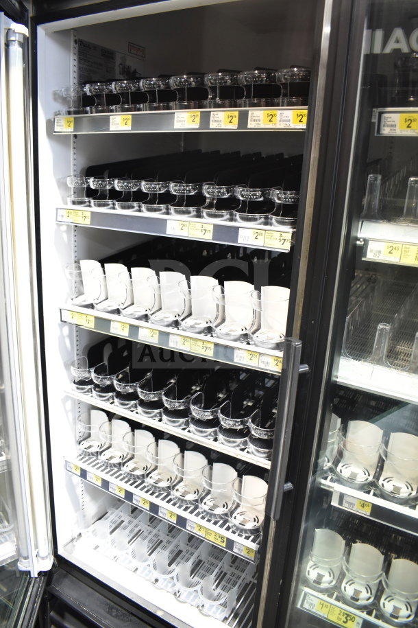 True GDM-49 commercial 2-door reach-in cooler merchandiser, tested and working, shelves with pricing labels, 115 volts, 1 phase.