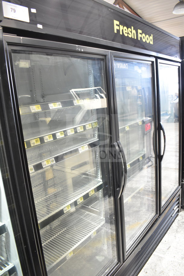 2018 True GDM-72-HC Commercial 3 Door Reach In Cooler, 115V, 1 Phase, tested and working, labeled "Fresh Food."